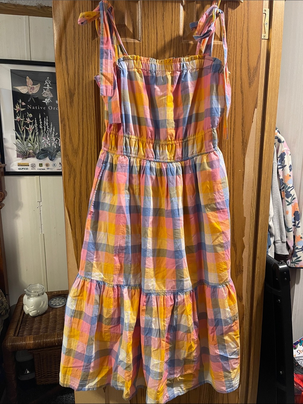 Tie-Shoulder Plaid Midi Dress in Yellow, Pink & Blue